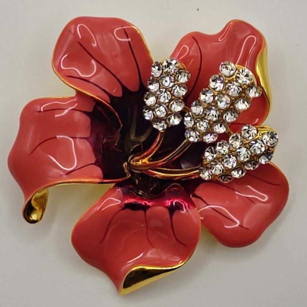 Hibiscus Flower Brooch Coral Pink Enamel Petals With Rhinestone Stamen Clusters